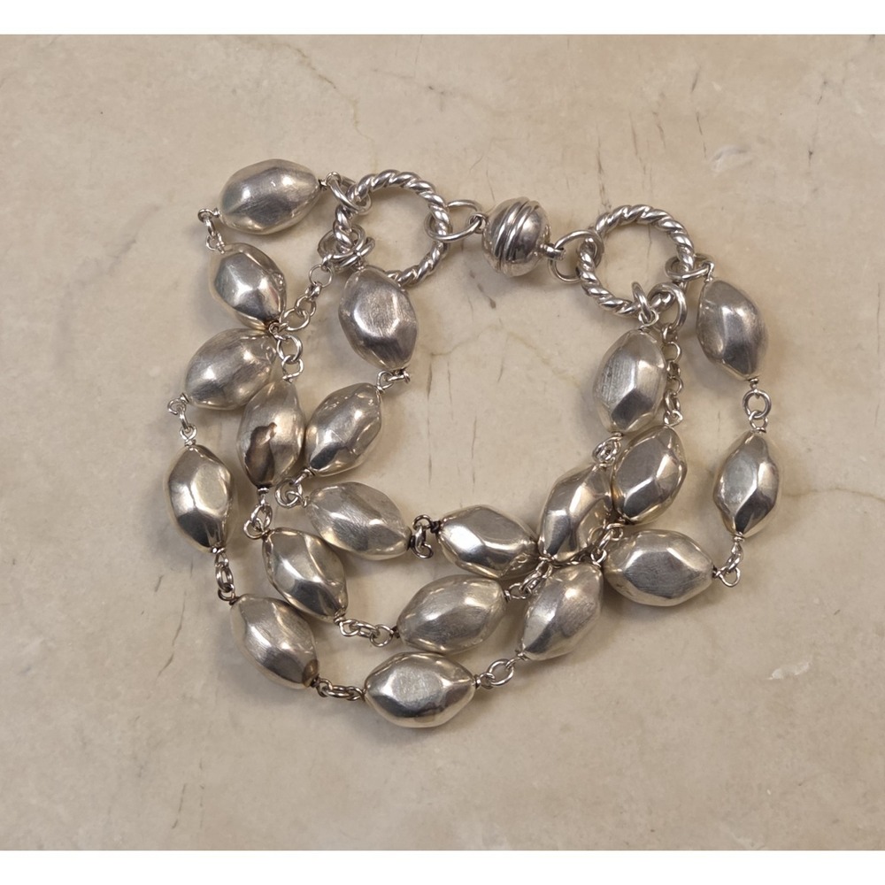 Chunky Sterling Triple Strand Hammered Bead Satin & Polished Magnetic Clasp 8.5" - Picture 5 of 7